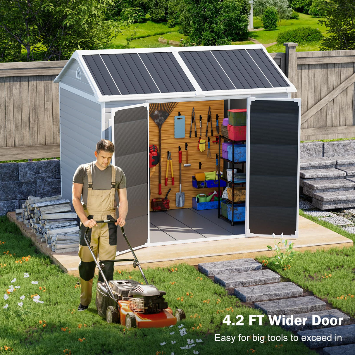 8x6 FT Resin Storage Sheds with Floor and Adjustable Openable Windows, Large Waterproof Garden Sheds with Base, Outside Plastic Sheds with 2 Windows for Backyard Garden Patio Lawn Tools Storage, Gray WELYAS