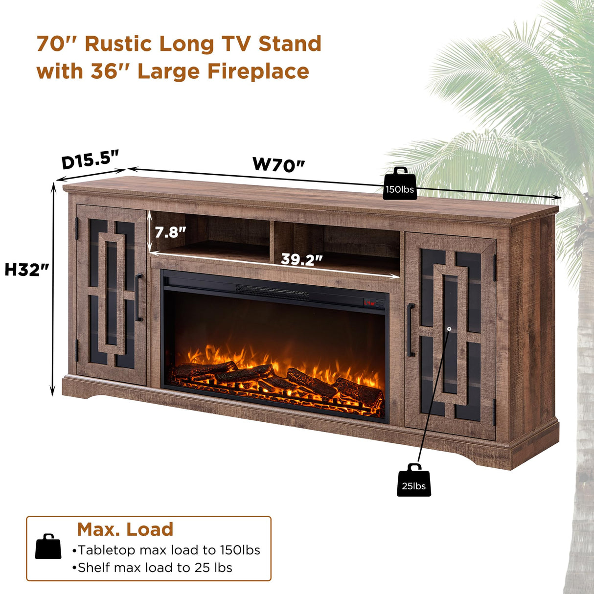 JXQTLINGMU Fireplace TV Stand with 36" Electric Fireplace for 80 Inch TV, Farmhouse 32" Tall Highboy Entertainment Center w/6 Shelves, Modern Media Console w/Storage for Living Room, Rustic Brown JXQTLINGMU