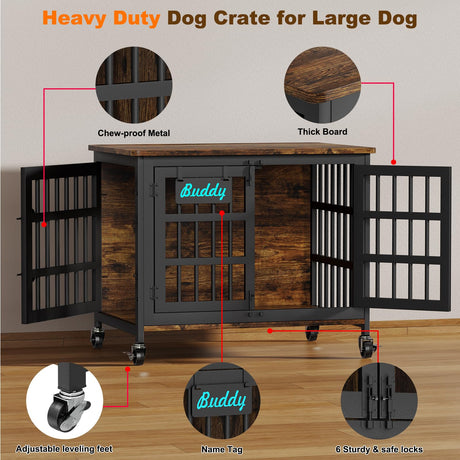 EasyCom 33"/27" Dog Crate Furniture with Name Tag, Heavy Duty Dog Kennel Indoor for Medium and Small Dogs, Double-Doors Sturdy Metal Dog Cage, Decorate House as TV Stand, End Table, Bedside Table EasyCom