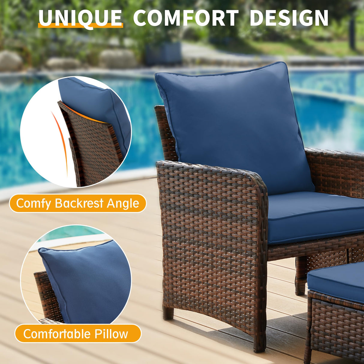 UDPATIO 5 Piece Patio Furniture Set, Outdoor Patio Conversation Rattan Chair with Ottomans w/Storage Coffee Table for Patio, Space Saving Design for Balcony Poolside Front Porch Deck, Navy UDPATIO