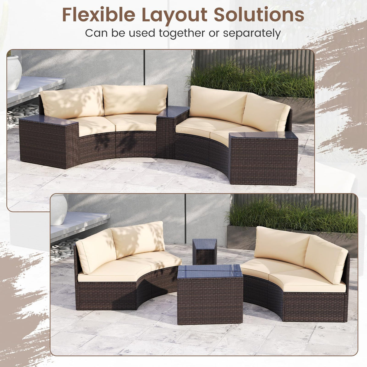 Tangkula 5 Pieces Patio Furniture Set, PE Rattan Half-Moon Curved Sectional Sofas with Tempered Glass Top Side Tables, Outdoor Conversation Set for Porch, Backyard & Poolside (Beige) Tangkula