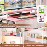 Aheaplus L Shaped Gaming Desk with Power Outlets & LED Lights, Small L- Shaped Desk Computer Corner Desk with Monitor Stand & Storage Shelf, Home Office Desk Writing Desk with Storage Bag, Pink Aheaplus
