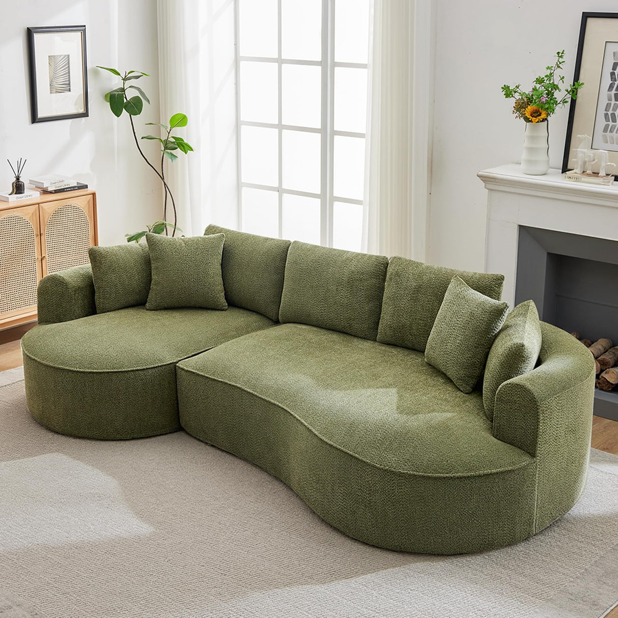 Opiesit 124" Oversized Boneless Couches for Living Room, Sectional Curved Sofa with 7 Pillows, L-Shape Boneless Couch with Deep Seat, High-Density Memory Foam, No Assembly Required, Chenille (Green) Opiesit