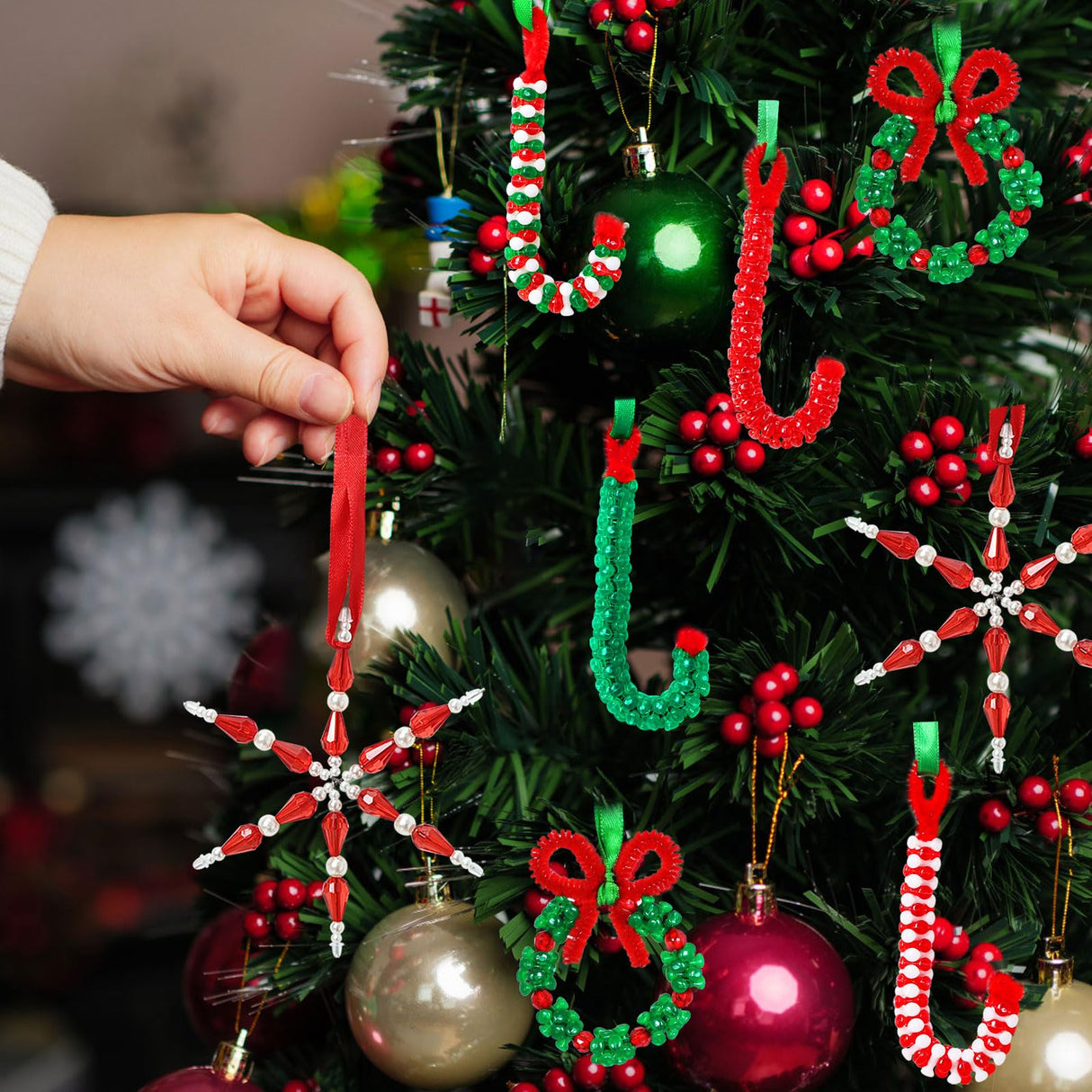 GYGOT Christmas Crafts for Kids Adults,30 Sets Christmas Beaded Ornament Kit to Make-Incl. 6 PC Snowflake/12 PC Wreath/12 PC Candy Cane(Assembly Needed) GYGOT