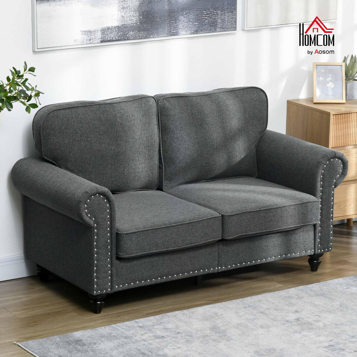 HOMCOM 61" Loveseat Sofa, Mid Century Modern 2 Seater Small Couch with Nailhead Trim, Rolled Arm, Fabric Upholstered Love Seat for Living Room and Bedroom, Charcoal Gray HOMCOM