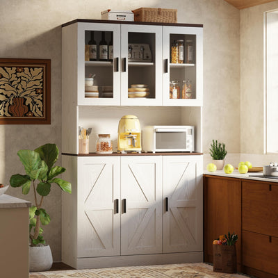 IRONCK 71" Tall Kitchen Pantry Cabinet with Microwave Shelf, White Hutch Cabinet with Storage Power Outlet, Food Pantry for Kitchen Dining Room