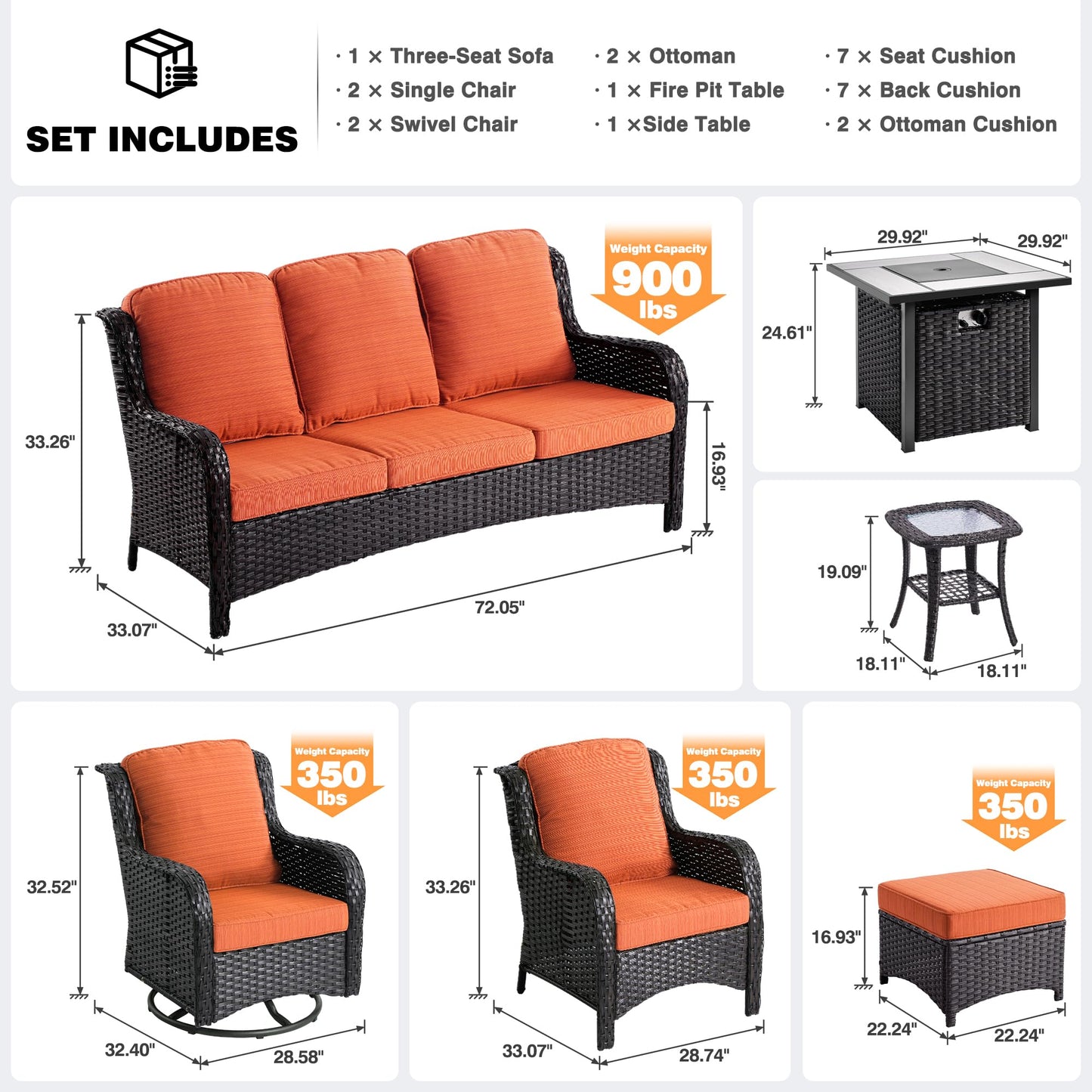 ovios Outdoor Furniture Set 9 Pieces Rocking Swivel Chairs High Back Wicker Rattan Sofa Couch with Square Propane Fire Pit Table, Patio Furniture Set, Brown Wicker, Orange Red - WoodArtSupply