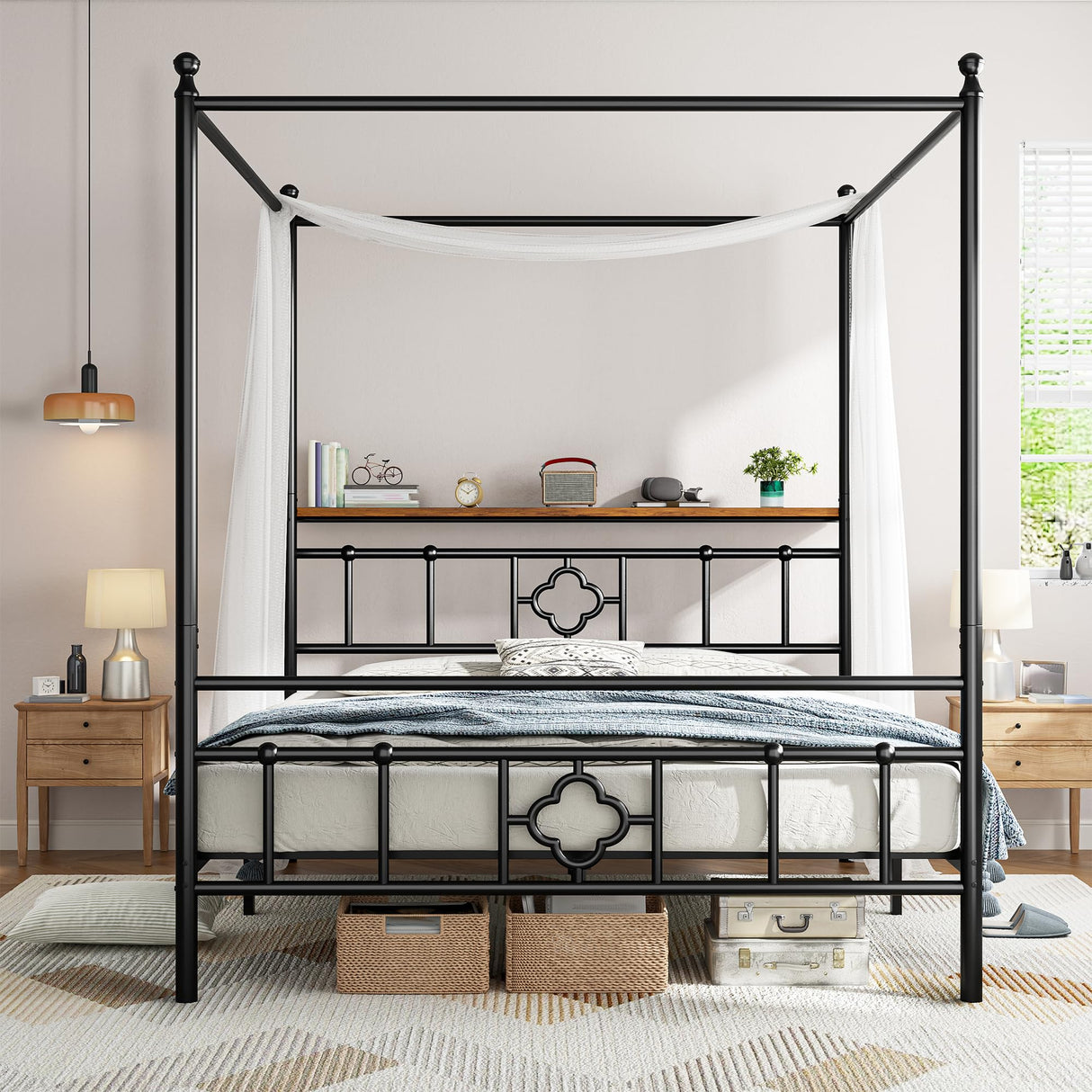 Homkdom Canopy Bed Frame with Storage Headboard, Queen Size Bed Frame with 4 Removable Posts, Sturdy Metal Platform with Under-Bed Storage, Dual Purpose Bed Frame, No Box Spring Needed, Black Homkdom