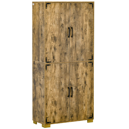 HOMCOM Industrial Kitchen Pantry Cabinet with 4 Doors and Storage Shelves, Freestanding Storage Cabinet, Rustic Wood - WoodArtSupply