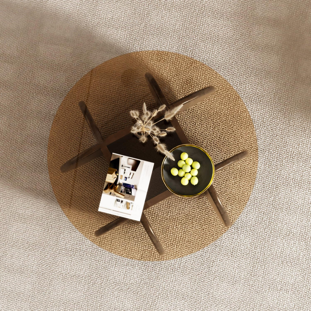 Round Coffee Table, Mid Century Modern Design, 31.5'' Modern Round Tempered Glass Coffee Tables for Living Room, Cocktail Table for Small Space Home Office. (Black + Brown) Yaruifnt