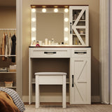 NEDYO Vanity with Mirror and Lights, Farmhouse Vanity Desk, Makeup Vanity Table Set, Small Wood Vanity with Chair, Vintage Large Light Bulbs Dimmable Mirror, Shelves and Drawers. White NEDYO