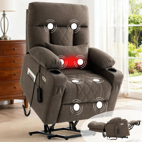 Infinite Position Power Lift Recliner Chair for Elderly with Adjustable Headrest, Lay Flat Recliner Chair for Adults W/Massage & Heat, Cup Holders, Tri-Motor Power Lift Chairs, Fabric,Brown BEDHOURS