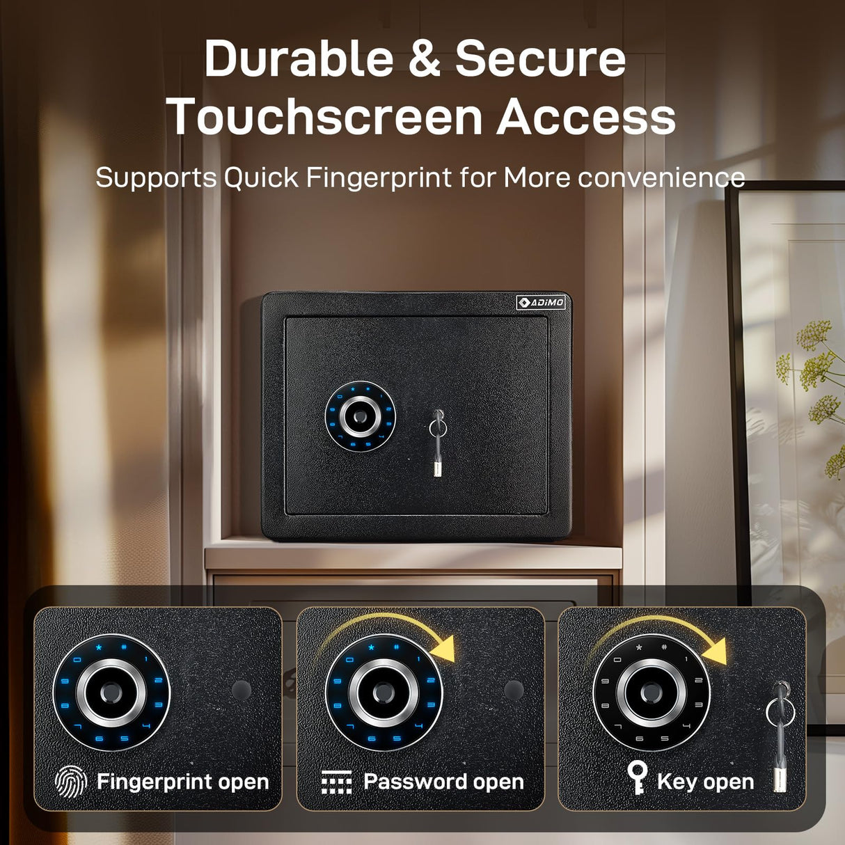 ADIMO Biometric Safe Box, 1.2 CuFt Home Safe with Biometric Fingerprint & Touchscreen, Fireproof Safe Box w/Removable Shelf & Alarm System, Money Safe for Documents& Valuables Home Office Hotel ADIMO