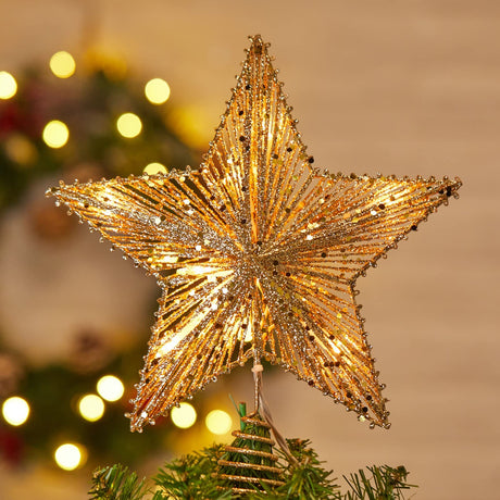Christmas Star Tree Topper, Plug in 3D Star Tree Topper, 11”Golden Glittered Metal Hollow Designed Built-in 10 Bulbs String Lights for Christmas Tree Decorations Brightown
