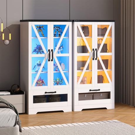 Semoic 47" Display Storage Cabinet with Adjustable Shelves，Pantry Storage Cabinet with LED Light， 4-Tier Curio Showcase with Drawer for Toys, Books, Collection, White Semoic