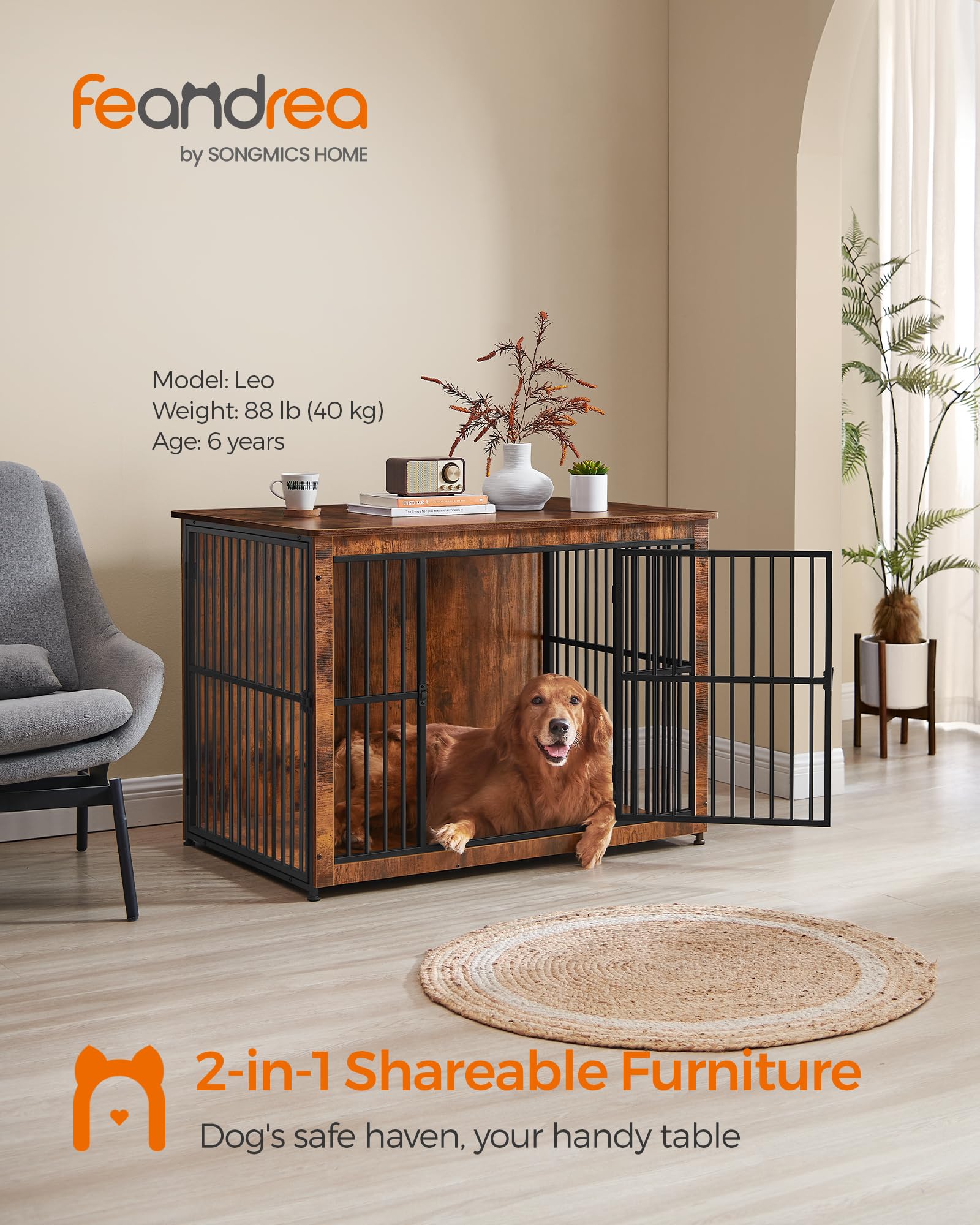 Feandrea Dog Crate Furniture, 43.3" Side End Table, Modern Kennel for Dogs Indoor up to 80 lb, Heavy-Duty Dog Cage with Enclosed Base, Double-Door Dog House, Rustic Brown UPFC024X01 - WoodArtSupply