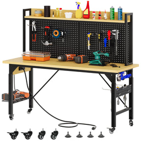 YITAHOME 60" Adjustable Workbench with Pegboard, Wheels & 1600 LB Capacity, Rolling Work Table with AC/USB Outlets, Hooks, and Rack, Heavy-Duty Work Bench for Garage, Workshop, Office, or Home YITAHOME