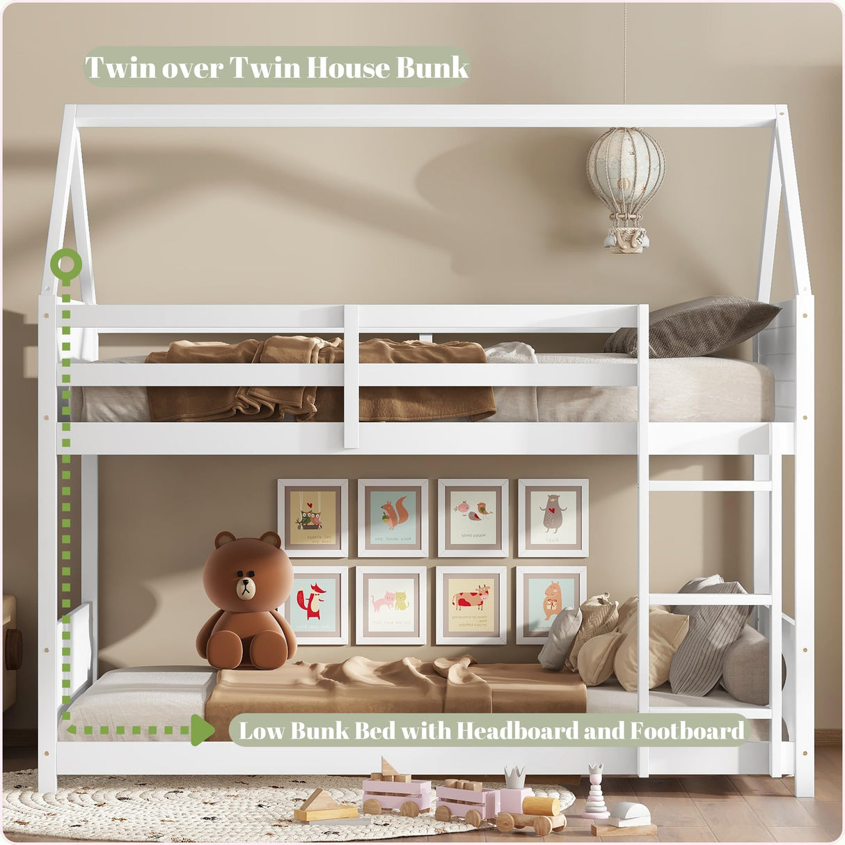 Twin Over Twin Bunk Bed, Wooden House Bunk Bed with Ladder and Guardrail for Bedroom, Dormitory, Floor Bunk Beds with Headboard and Footboard for Kids, Teens, No Box Spring Needed, White Bellemave