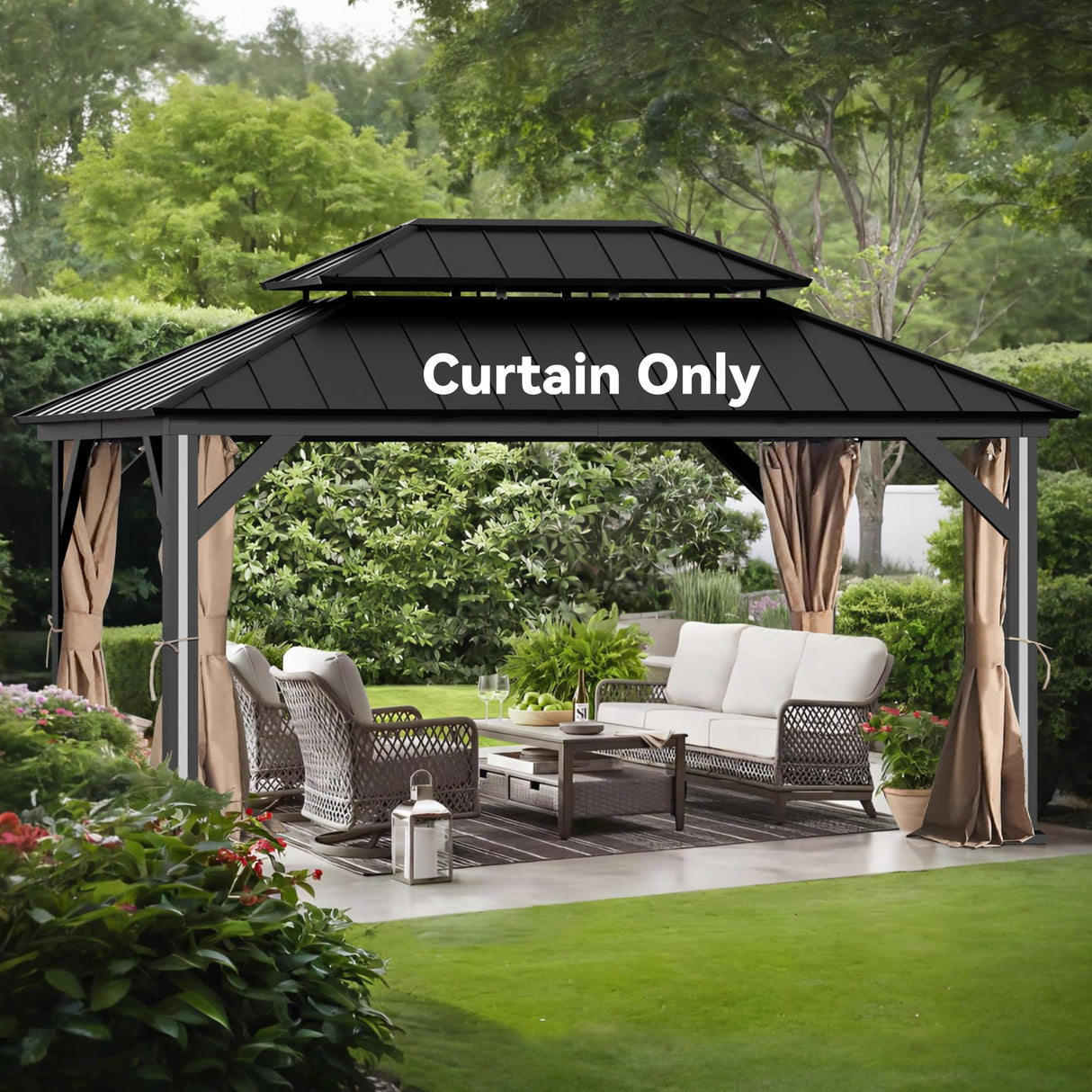 Covered Outdoor Gazebo Curtain Replacement Universal 4-Panel Sidewalls 12' x 16', Outdoor Gazebo Privacy Curtains with Zipper, Replacement for Outdoor, Patio Canopy, Garden and Backyard (Curtain Only) Covered Outdoor