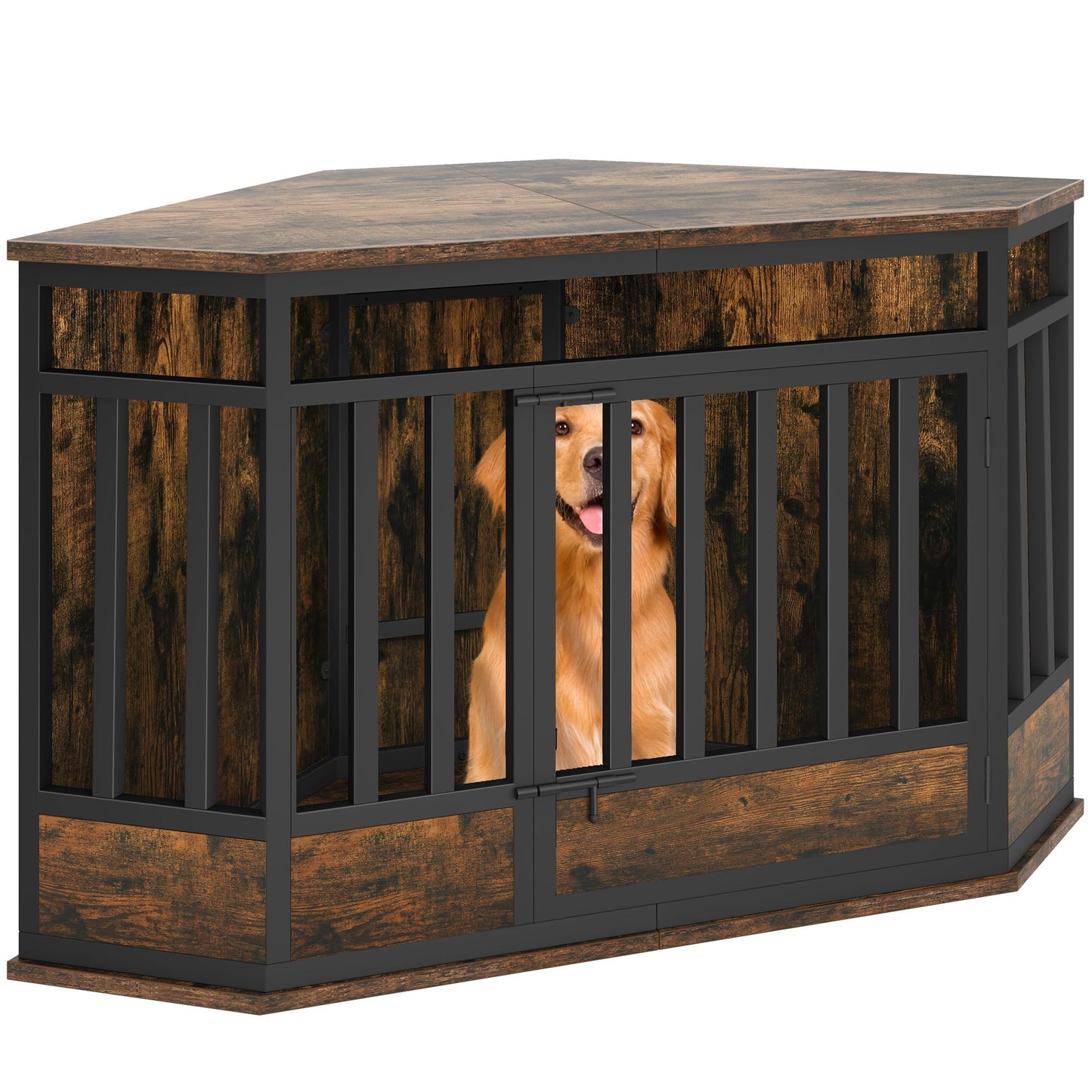 YITAHOME 52 Inch Corner Dog Crate Furniture, Heavy Duty Dog Kennel Indoor Furniture End Table Side Table Dog Crate, Modern Indoor Pet Crate Wooden Dog Crate for Large Dogs, Rustic Brown - WoodArtSupply