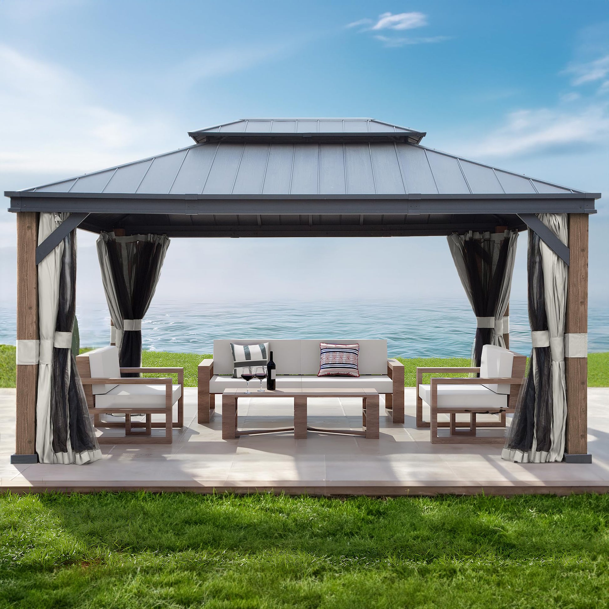 Gardenbee 12x16 ft Wood-Grain Hardtop Gazebo - Outdoor Large Gazebo with Double-Vented Top Rustproof Aluminum Frame, Curtains Included, Suitable for Patio Backyard(Dark Brown Wood Grain) - WoodArtSupply