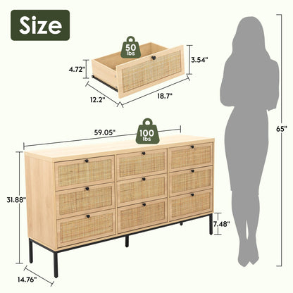 Yechen Natural Rattan 9 Drawer Dresser, 59" Wide Light Wood Chest of Drawers, Large Boho Oak Dressers with Smooth Metal Slides, Mid-century Dresser TV Stand Drawer Organizer for Bedroom Nursery Closet