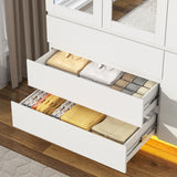 jiteentarou 3 Doors Armoire Wardrobe Closet with 3 Drawers & Mirror, Modern Wooden Bedroom Armoires with Hanging Rod Led Lights for Bedroom, White jiteentarou