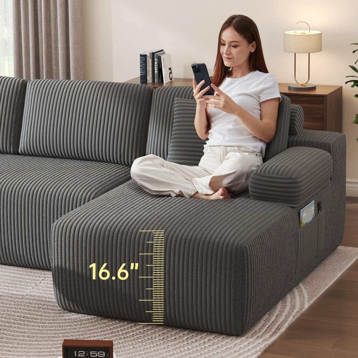 DURASPACE Cloud Sectional Couches, 126.2'' Modular U-Shaped Sofa with Deep Seat, Corduroy Boneless Sleeper Sofa Bed with Memory Foam for Living Room, No Assembly Required (Gray) DURASPACE