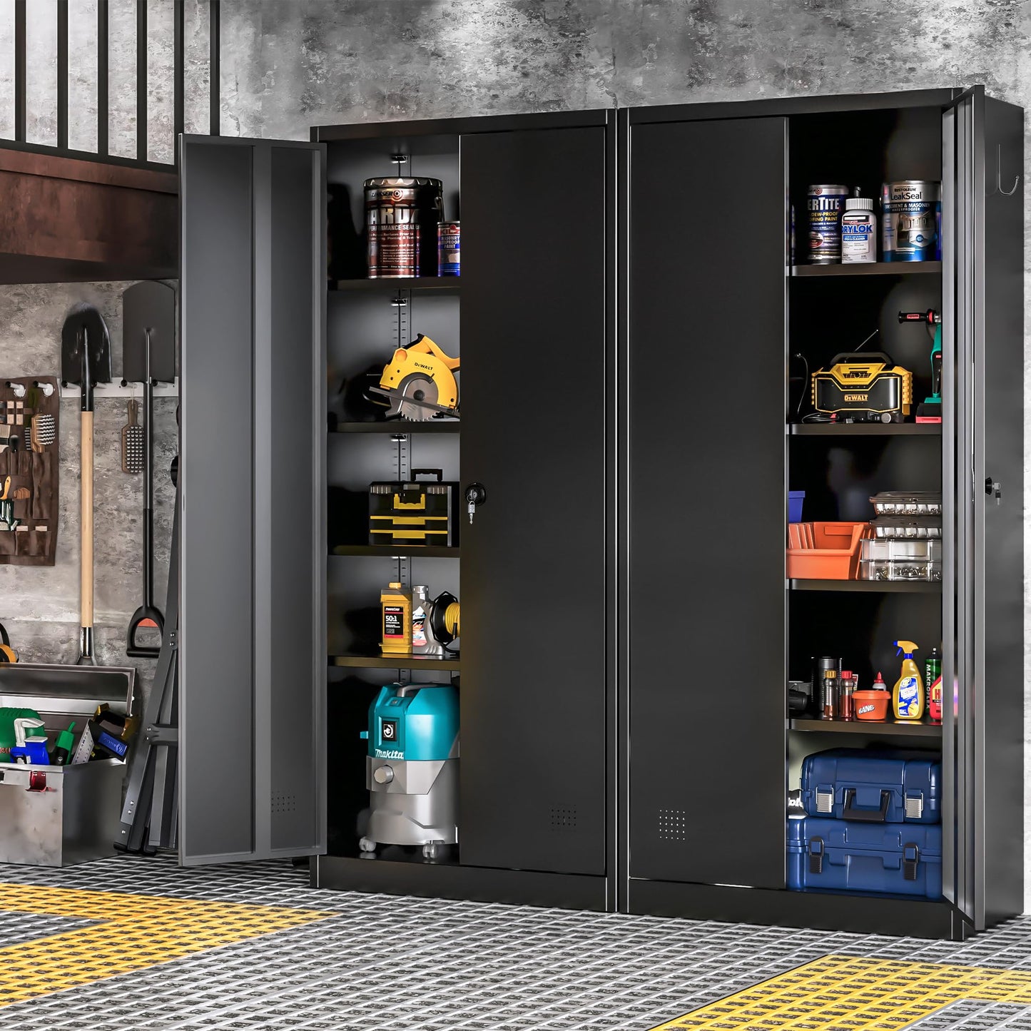 Fmlud Metal Garage Storage Cabinet with 2 Locking Doors and 4 Adjustable Shelves, Metal Storage Cabinet with Lock, 72" Steel Office File Cabinet for Garage, Office, Warehouse, Tools, Black - WoodArtSupply