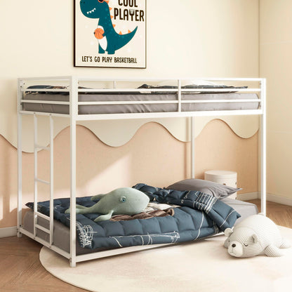 LifeSky White Metal Twin Over Twin Low Profile Bunk Bed with Side Ladder - WoodArtSupply