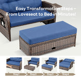 Belord Oversize Outdoor Daybed Set - Patio Recliner Loveseat with Storage Ottoman, Wicker Double Lounge Chair wth 5 Level Adjustable Backrest and 2 Retractable Table Belord