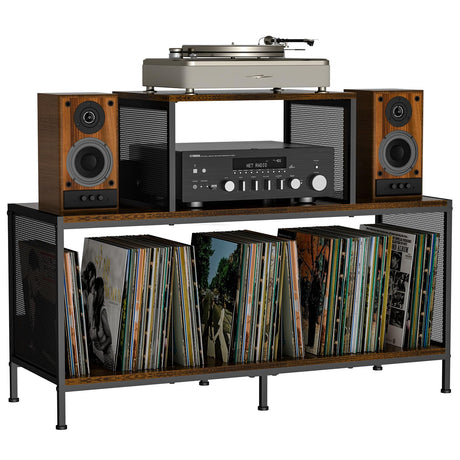 Spacious Vintage Record Player Table - Holds 150-250 Vinyl Albums, Adjustable Dividers, Side Display Areas - Ideal for Living Room, Bedroom, Office Sonyabecca