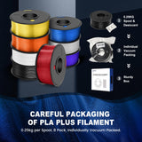 JAYO PLA+ Filament Bundle 1.75mm, 3D Printer Filament Bundle Multicolor, Individually Vacuum Packed, 250g Spool, 8 Pack, 2KG in Total, Black+White+Transparent+Clear(Blue+Red+Orange+Yellow+Purple) JAYO