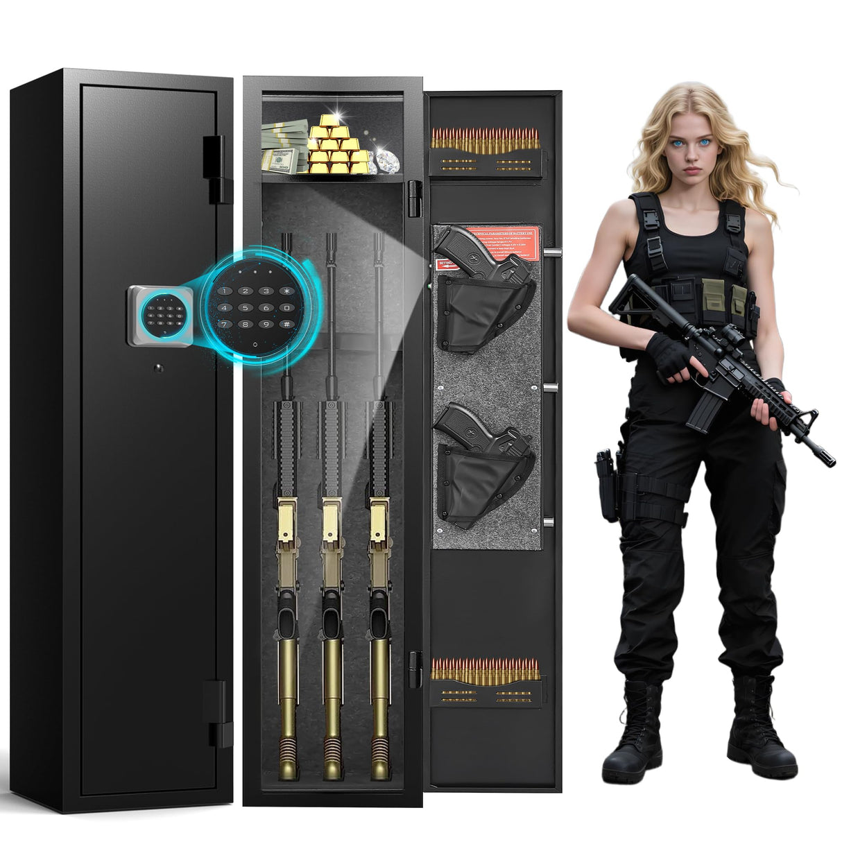 2-3 Gun Safe for Rifles & Pistols - Rifle Safe for Home, Gun Cabinet for Shotguns with Removable Shelf - Quick Access Firearm Safe, Silent Mode, Led Light - Secure Gun Locker Marcree