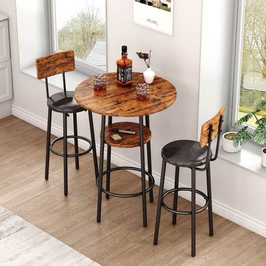 Industrial 3-Piece Bar Table Set with Stools - 2-Tier Round Pub Bistro Dining for Small Spaces