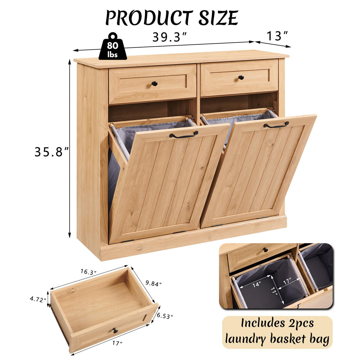 IFBUY Double Tilt Out Laundry Hamper Cabinet, 20 Gallon Farmhouse Trash Can Cabinet with Drawer, Hidden Wood Garbage Can Bin Cabinets with Laundry Storage Basket for Bathroom, Kitchen (Natural) IFBUY