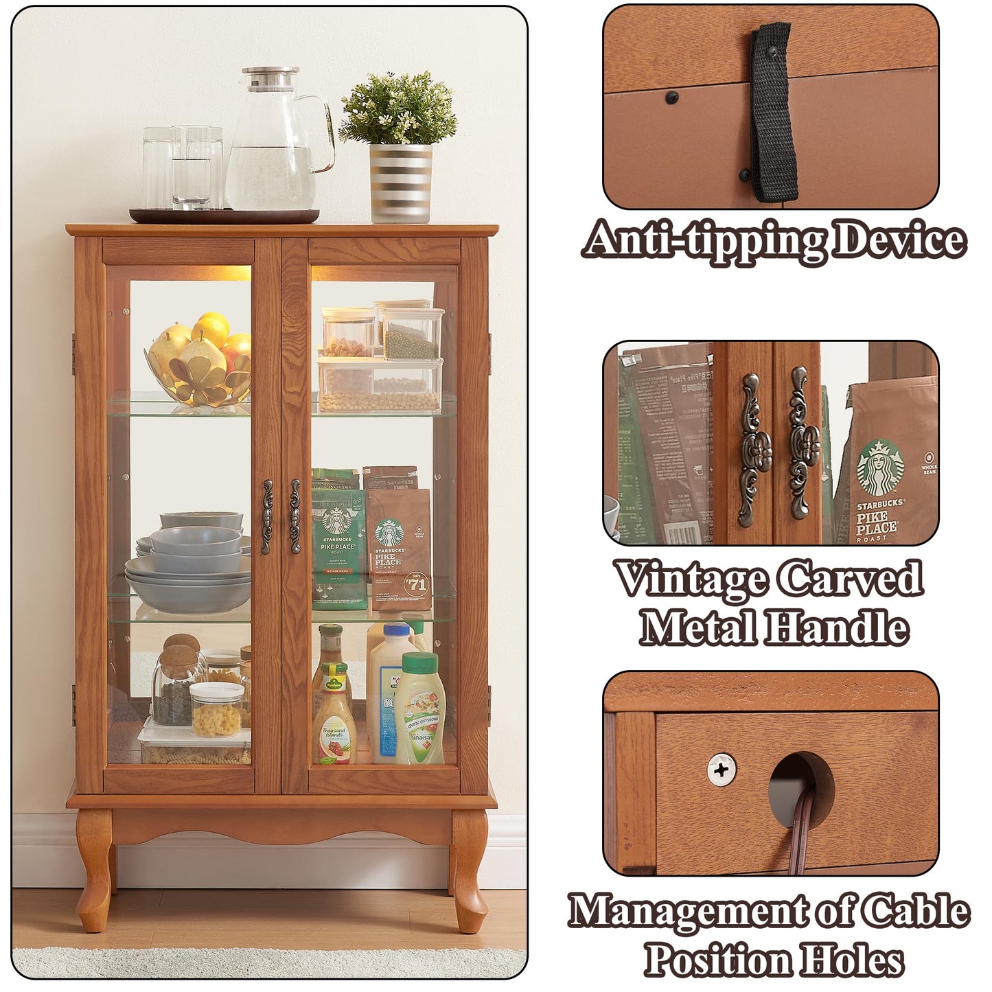 nifoti 43" H Lighted Curio Cabinet Display Case, Glass Curio Cabinet with Adjustable Shelves and Tempered Glass Door, Wooden Curio Cabinet w/Mirrored Back Pane for Living Room (Oak)