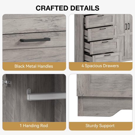 GarveeHome Multifunctional Wooden Dresser for Bedroom, 43.3 in H 2 Door Wardrobe Armoire Closet with 4 Drawers and Hanging Rod, Low Storage Cabinet for Hanging Cloth, Gray GarveeHome