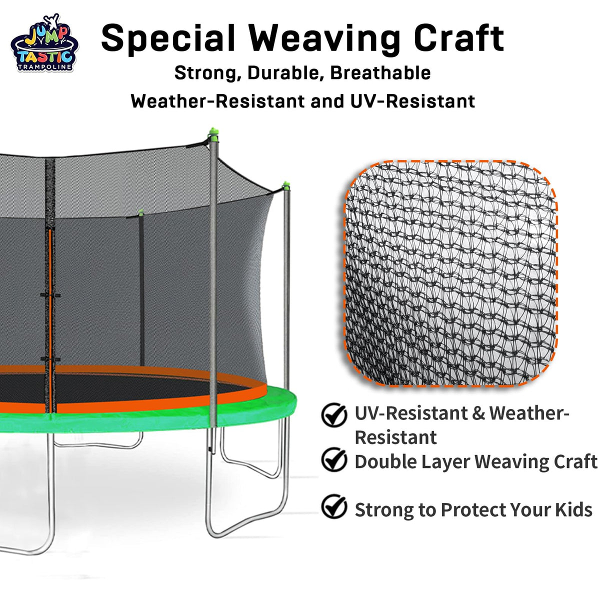 14Ft Trampoline Net Replacement with 6 Enclosure Pole Caps, Trampoline Replacement Enclosure Net Round Safty UV-Resistant Weather-Resitant Breathable Durable(Not Include Poles) Jump Tastic Trampoline