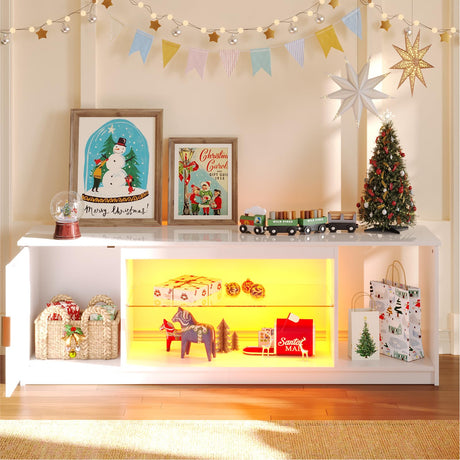 Bestier LED TV Stand for 55/60/65 Inch TV, Gaming Entertainment Center with Cabinet for PS5, Xbox, Fluted TV Console with Adjustable Glass Shelves for Living Room, Bedroom 57 Inch,Bright White Bestier