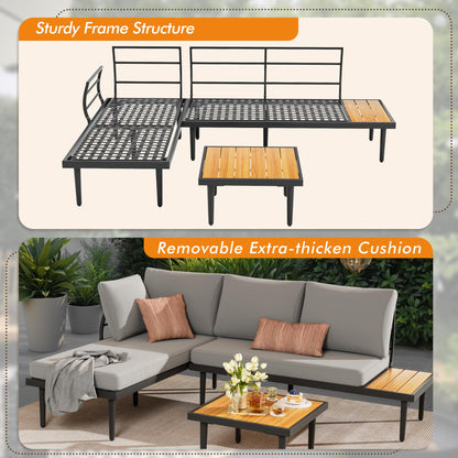 Devoko Outdoor Sectional Furniture Patio Sectional Sofa with Acacia Wood Table, Patio L-Shaped Conversation Set with All-Weather Cushion for Patio,Garden,Backyard(Gray) - WoodArtSupply