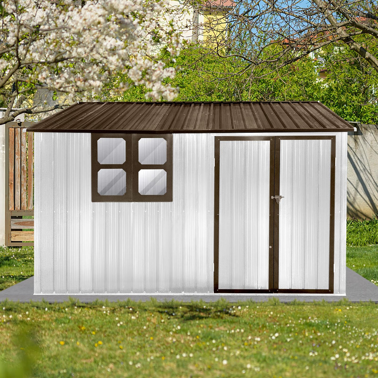 Ball & Cast 10x8 FT Sheds & Outdoor Storage,Metal Garden Shed with Window,Waterproof Cabinet Foldable House W/Lockable Doors and Roofs,for Storing Bicycles,Lawnmowers,Barbeques,White+Coffee Ball & Cast