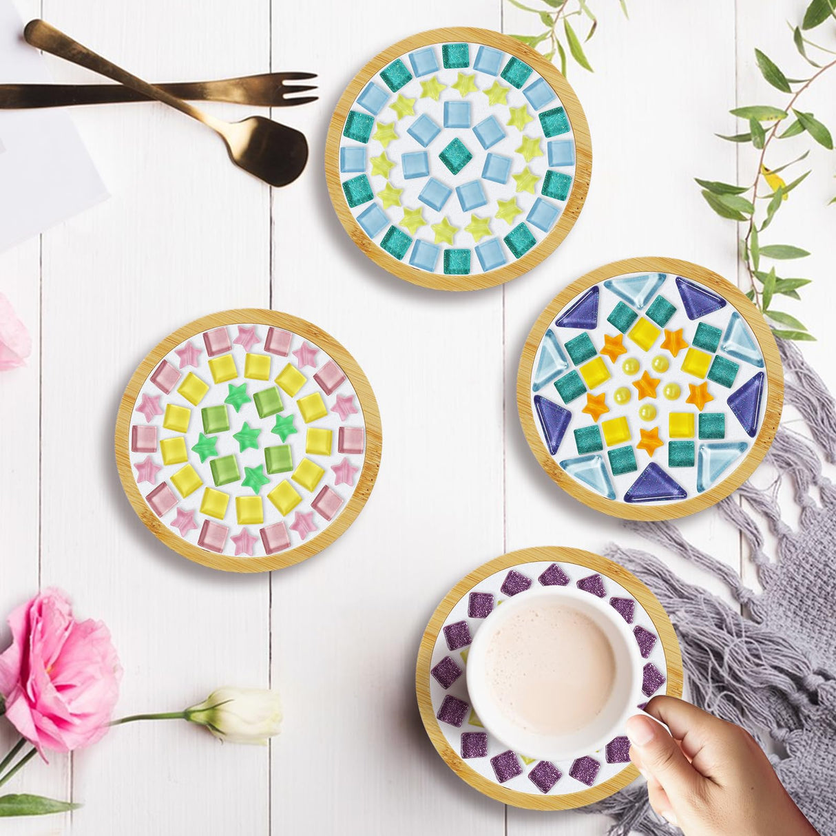 Mosaic Tiles,Tumwisk 4 Sets DIY Glass Mosaic Tiles for Crafts,4 Styles of DIY Mosaic Coaster Kit Material Package for Adults Handmade Home Table Desk Decoration Housewarming Present Tumwisk