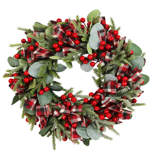 CITYES Christmas Wreath for Front Door 16 Inch Christmas Door Wreath with Red Berries Bow Eucalyptus Leaves Pine Needles Winter Wreath for Door Outside Window Indoor Outdoor Holiday Xmas Decorations