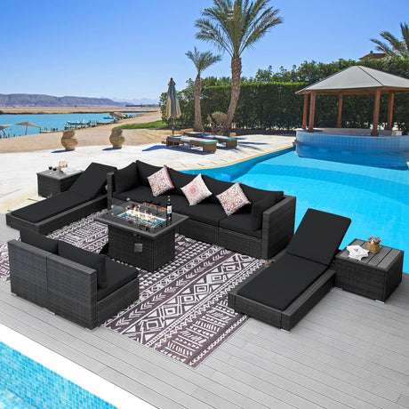 NICESOUL 11 Piece Outdoor Patio Conversation Set with Fire Pit Natural Gas/Propane, 29.3'' High Back Sectional Furniture w/Chaise Lounge, Deep Large Seating Sofa Couch, 2 Color Cushion Black & Gray NICESOUL