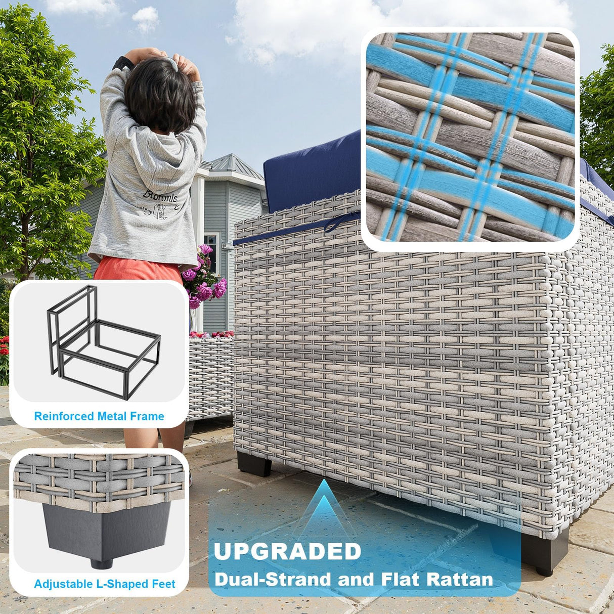 Sweecci 9-Piece Patio Furniture Set, Outdoor Sectional with Ottomans, Modular Patio Sofa, Dual-Strand Wicker Rattan, Rust-Resistant Frame, Backyard Furniture for Garden, Deck, Navy Blue Sweecci