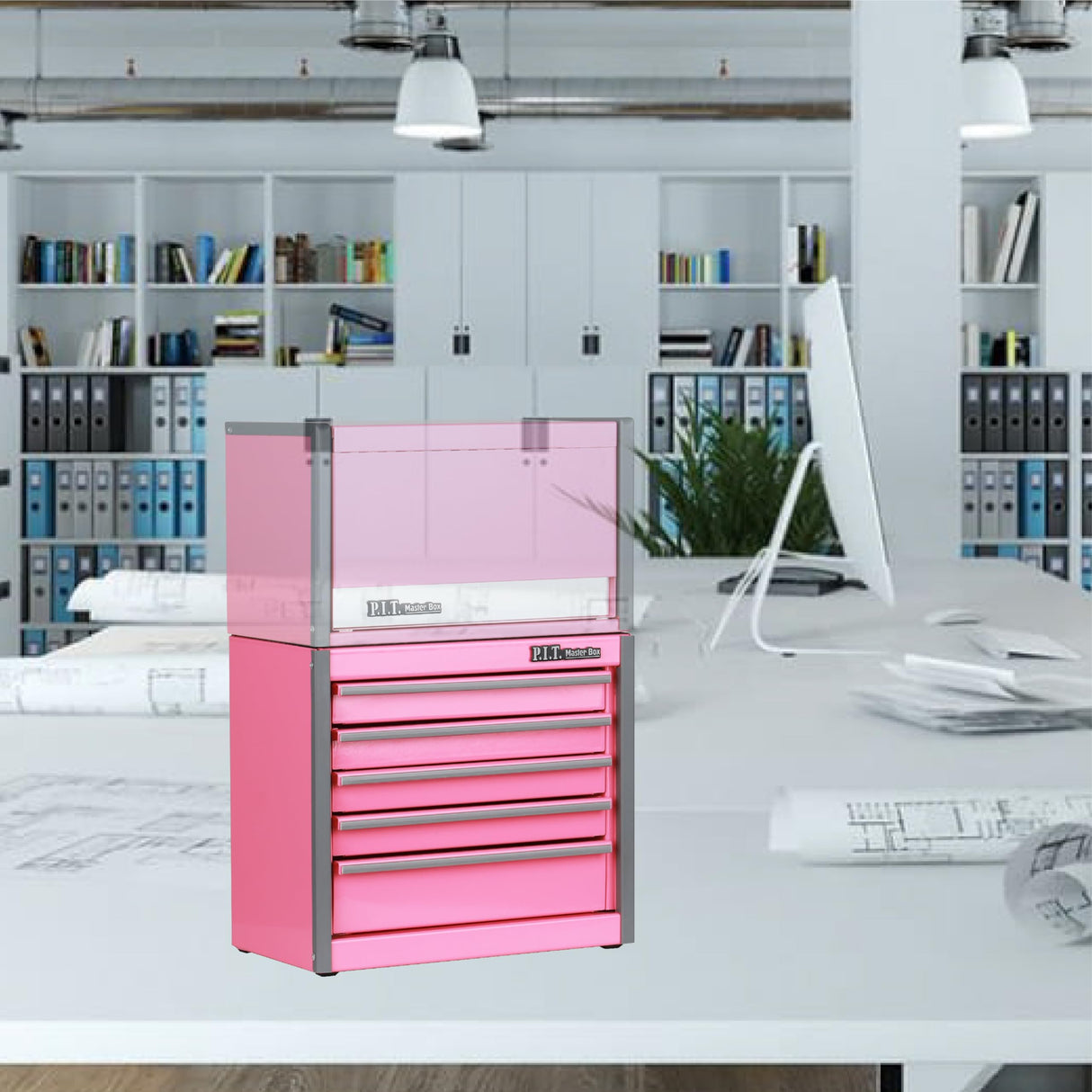 P.I.T. Mini Pink Tool Box, Portable 5-Drawer Micro Roll Cab Steel Tool Box with Liner, Pink Small Tool Case for Tools Storage, Home DIY P.I.T.