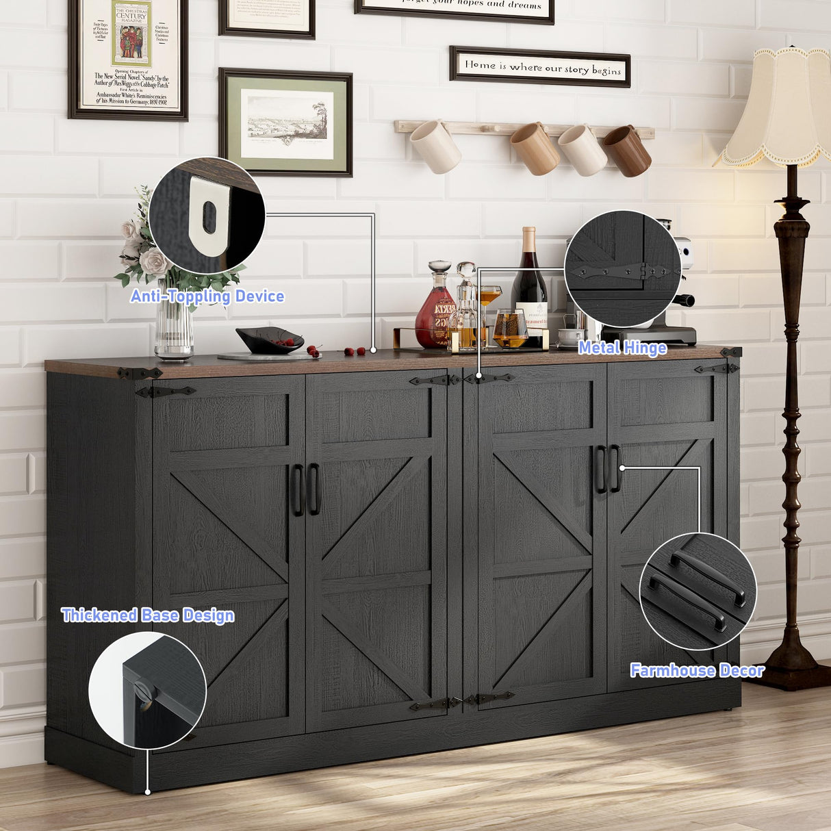 Sideboard Buffet Cabinet with Storage - 65 Inch Farmhouse Kitchen Pantries Sideboard Cabinets with Adjustable Shelves, Wooden Coffee Bar Cabinet Buffet Table for Kitchen, Dining Room, Black chartustriable