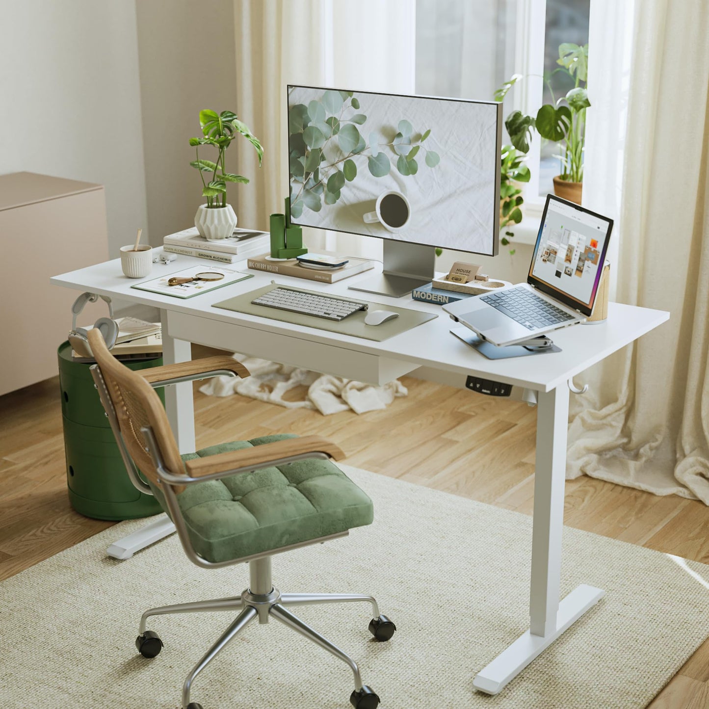 Agilestic Adjustable Height Electric Standing Desk with Storage Wooden Drawer, 55 x 24 Inches Stand Up Home Office Computer Gaming Table with Splice Board for Work Office Home, White