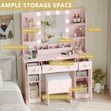 Vanity Makeup Desk with Mirror and Lights, Farmhouse Vanity Table Set with Storage Drawers, Charging Station & Chair, 43" Large Rustic Dressing Table, 3 Lighting Modes for Women Girls Bedroom, Pink Xixini